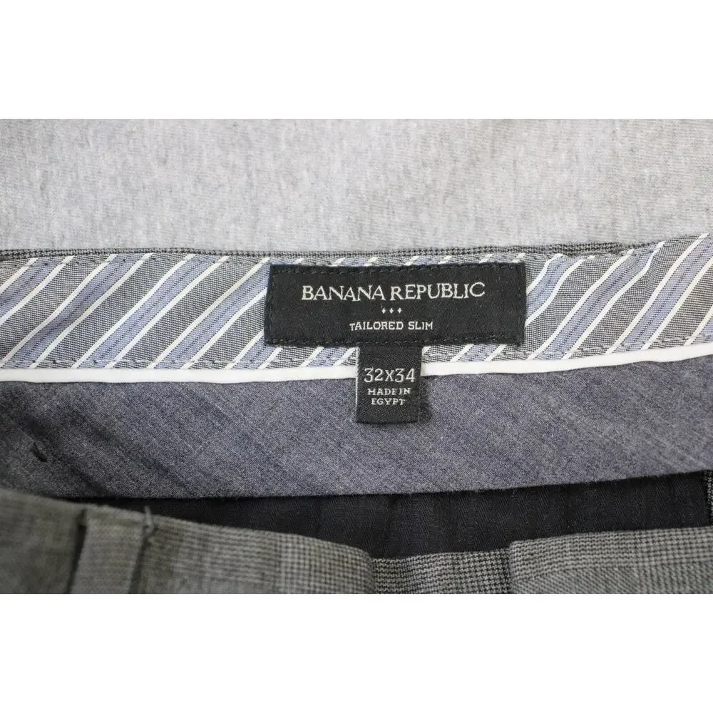 Banana‎ Republic Pants Mens 32 X 34 Gray Plaid Tailored Slim Flat Front Dress